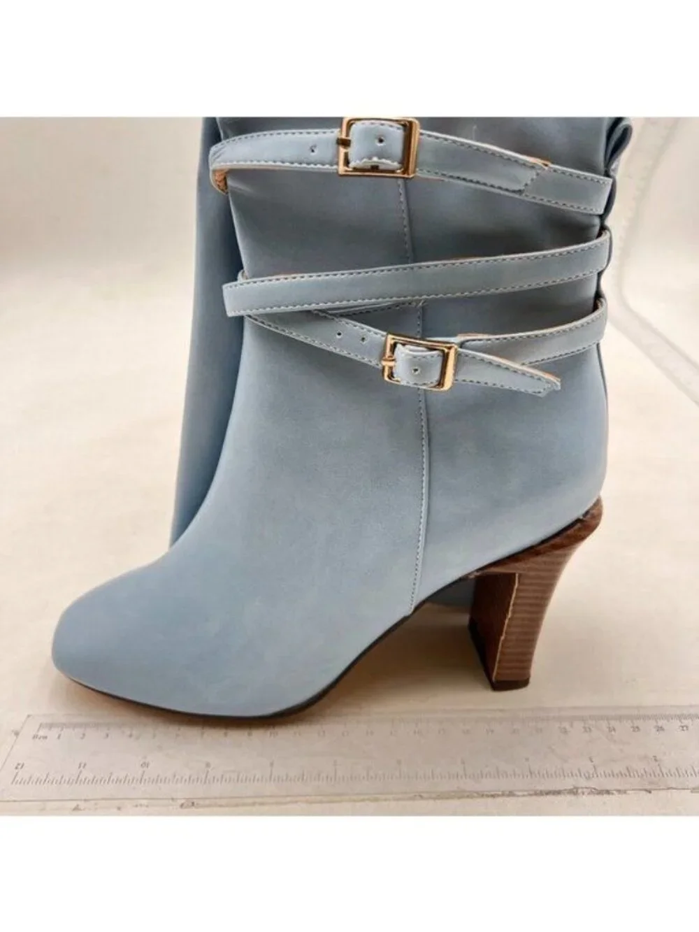FSJ Women Fashion Knee High Long Boots Pull On Closed Toe Chunky Mid Heel Blue